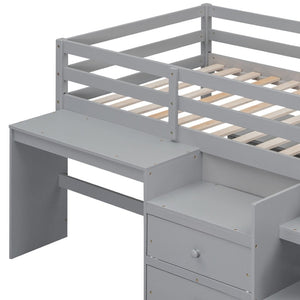 HomeRoots Gray Platform Twin Loft Bed with Integrated Desk & Shelves - Stylish, Space-Saving Design for Kids 590526