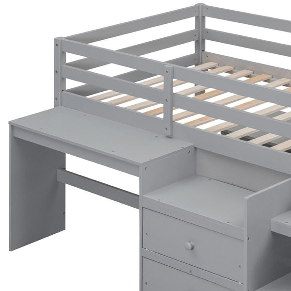 HomeRoots Gray Platform Twin Loft Bed with Integrated Desk & Shelves - Stylish, Space-Saving Design for Kids 590526