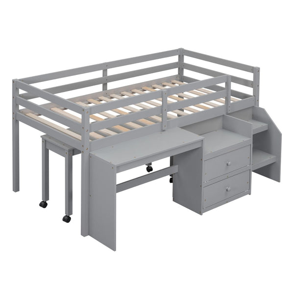 HomeRoots Gray Platform Twin Loft Bed with Integrated Desk & Shelves - Stylish, Space-Saving Design for Kids 590526