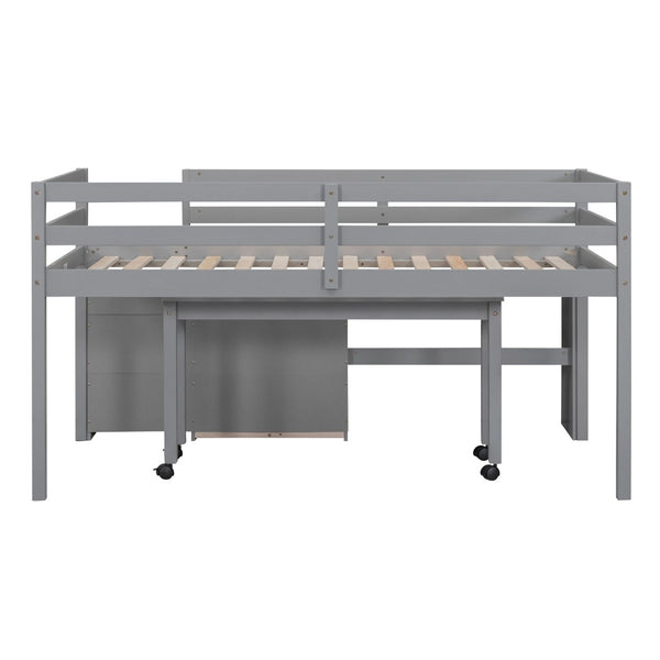 HomeRoots Gray Platform Twin Loft Bed with Integrated Desk & Shelves - Stylish, Space-Saving Design for Kids 590526
