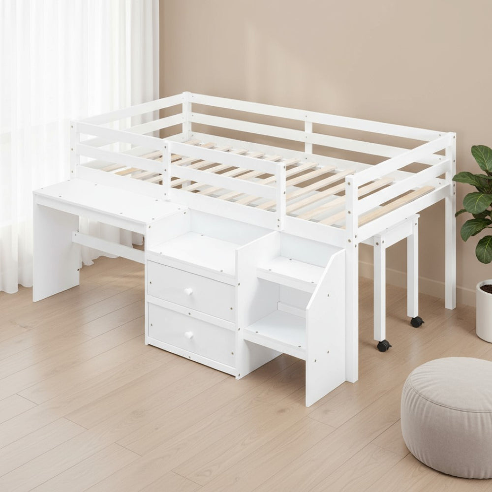 HomeRoots White Twin Loft Bed with Integrated Desk, Storage Shelves & Space-Saving Design for Small Rooms 590527
