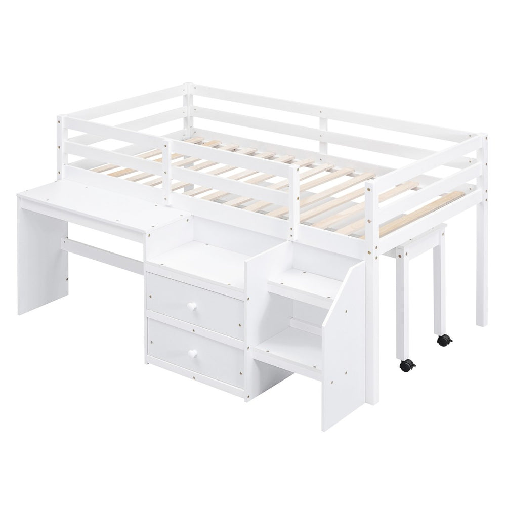 HomeRoots White Twin Loft Bed with Integrated Desk, Storage Shelves & Space-Saving Design for Small Rooms 590527