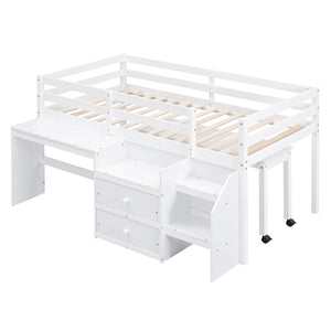 HomeRoots White Twin Loft Bed with Integrated Desk, Storage Shelves & Space-Saving Design for Small Rooms 590527