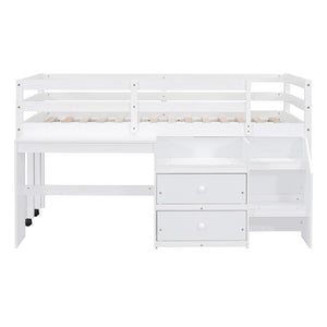 HomeRoots White Twin Loft Bed with Integrated Desk, Storage Shelves & Space-Saving Design for Small Rooms 590527