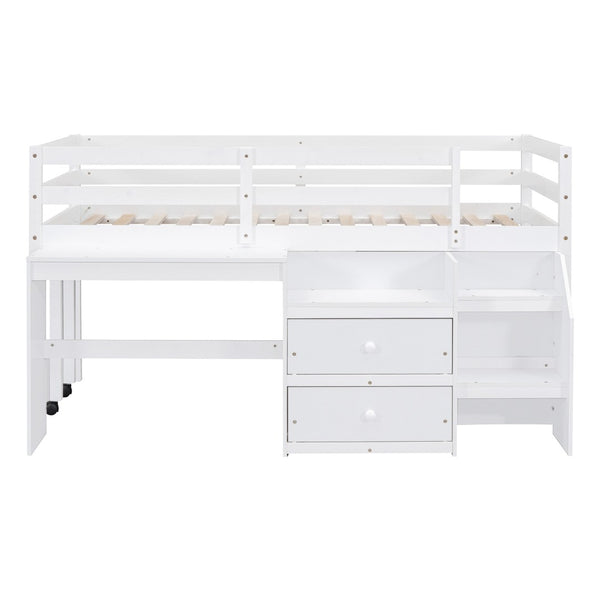 HomeRoots White Twin Loft Bed with Integrated Desk, Storage Shelves & Space-Saving Design for Small Rooms 590527