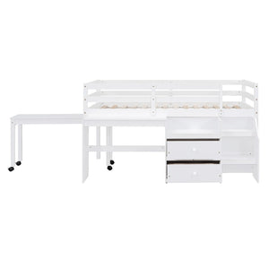 HomeRoots White Twin Loft Bed with Integrated Desk, Storage Shelves & Space-Saving Design for Small Rooms 590527