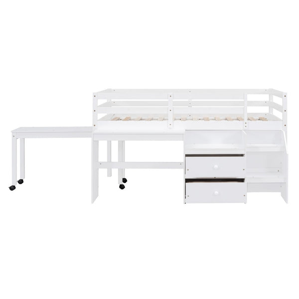 HomeRoots White Twin Loft Bed with Integrated Desk, Storage Shelves & Space-Saving Design for Small Rooms 590527