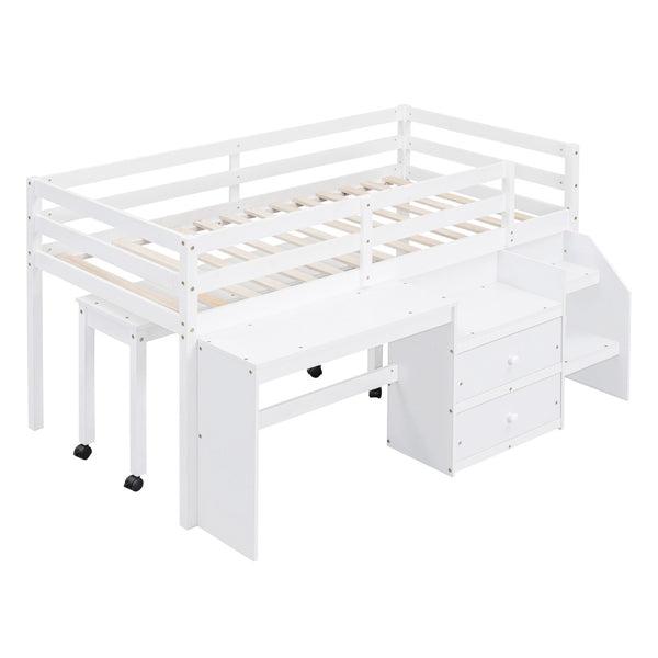 HomeRoots White Twin Loft Bed with Integrated Desk, Storage Shelves & Space-Saving Design for Small Rooms 590527