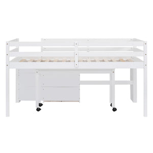 HomeRoots White Twin Loft Bed with Integrated Desk, Storage Shelves & Space-Saving Design for Small Rooms 590527