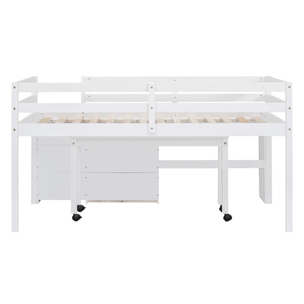 HomeRoots White Twin Loft Bed with Integrated Desk, Storage Shelves & Space-Saving Design for Small Rooms 590527