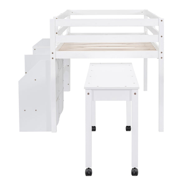 HomeRoots White Twin Loft Bed with Integrated Desk, Storage Shelves & Space-Saving Design for Small Rooms 590527
