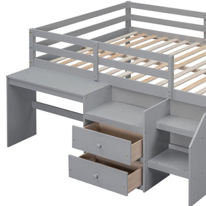 HomeRoots Gray Platform Loft Bed with Integrated Desk & Shelves - Space-Saving Full-Size Design for Modern Rooms 590528