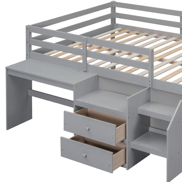 HomeRoots Gray Platform Loft Bed with Integrated Desk & Shelves - Space-Saving Full-Size Design for Modern Rooms 590528