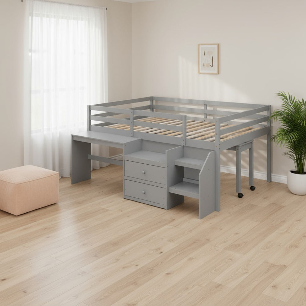 HomeRoots Gray Platform Loft Bed with Integrated Desk & Shelves - Space-Saving Full-Size Design for Modern Rooms 590528