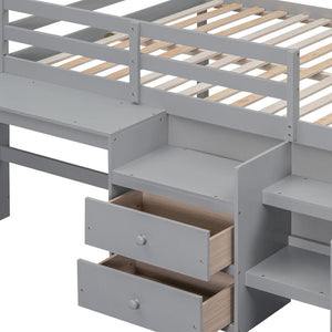 HomeRoots Gray Platform Loft Bed with Integrated Desk & Shelves - Space-Saving Full-Size Design for Modern Rooms 590528