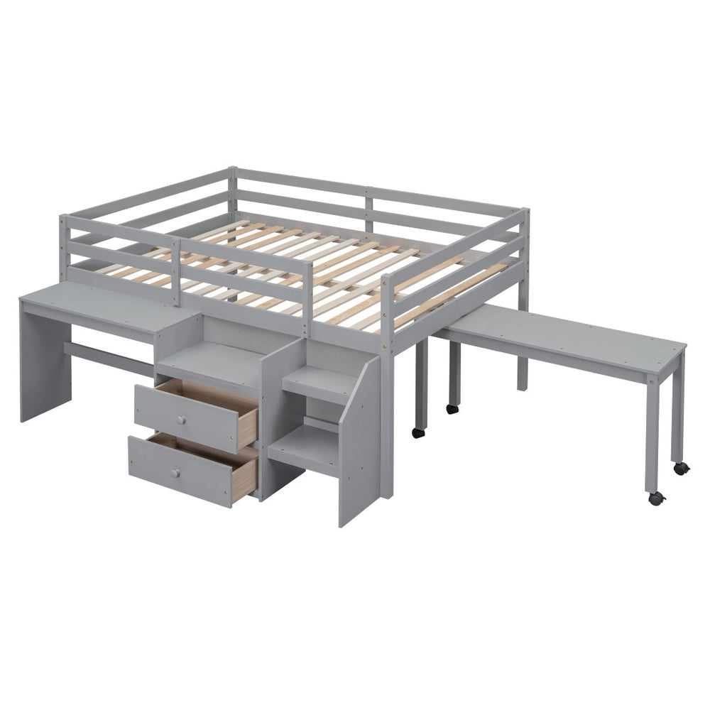 HomeRoots Gray Platform Loft Bed with Integrated Desk & Shelves - Space-Saving Full-Size Design for Modern Rooms 590528