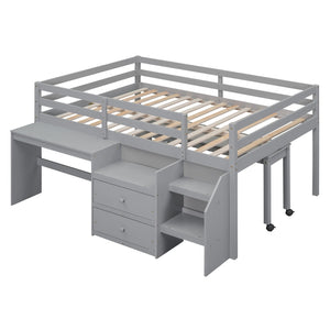HomeRoots Gray Platform Loft Bed with Integrated Desk & Shelves - Space-Saving Full-Size Design for Modern Rooms 590528