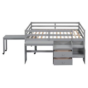 HomeRoots Gray Platform Loft Bed with Integrated Desk & Shelves - Space-Saving Full-Size Design for Modern Rooms 590528