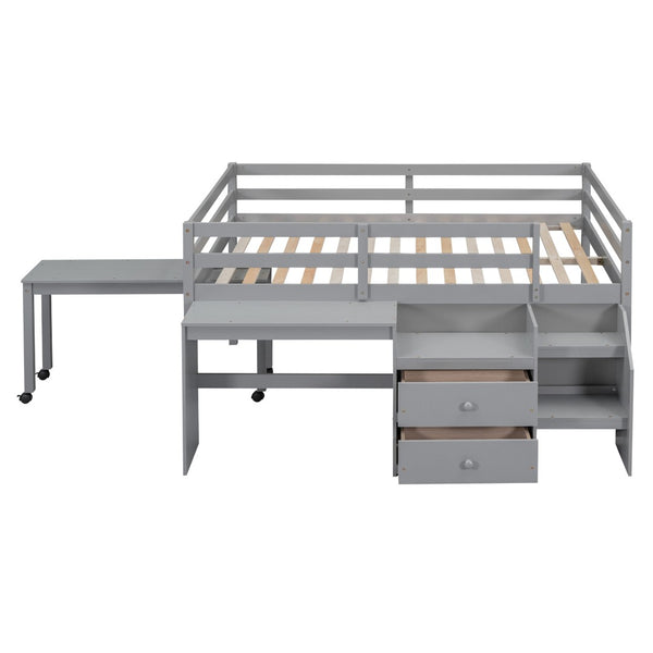 HomeRoots Gray Platform Loft Bed with Integrated Desk & Shelves - Space-Saving Full-Size Design for Modern Rooms 590528