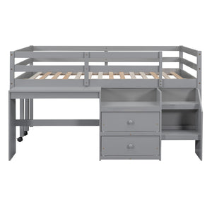 HomeRoots Gray Platform Loft Bed with Integrated Desk & Shelves - Space-Saving Full-Size Design for Modern Rooms 590528