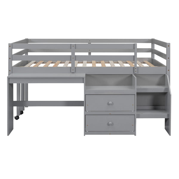 HomeRoots Gray Platform Loft Bed with Integrated Desk & Shelves - Space-Saving Full-Size Design for Modern Rooms 590528