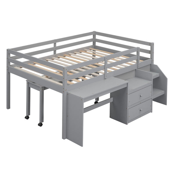 HomeRoots Gray Platform Loft Bed with Integrated Desk & Shelves - Space-Saving Full-Size Design for Modern Rooms 590528