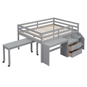 HomeRoots Gray Platform Loft Bed with Integrated Desk & Shelves - Space-Saving Full-Size Design for Modern Rooms 590528