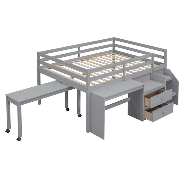 HomeRoots Gray Platform Loft Bed with Integrated Desk & Shelves - Space-Saving Full-Size Design for Modern Rooms 590528