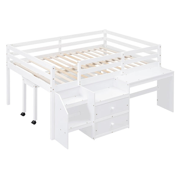 HomeRoots White Platform Loft Bed with Integrated Desk & Shelves - Space-Saving Double Bed for Study & Storage 590529