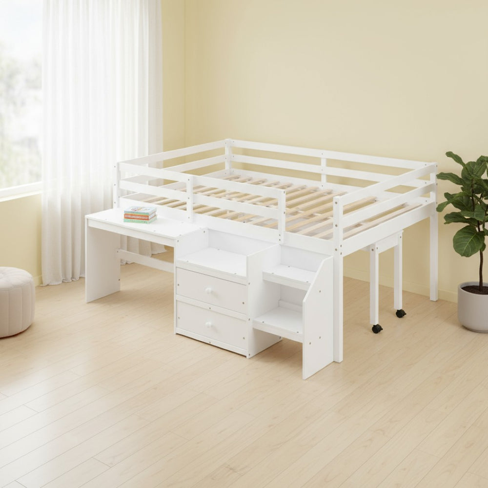 HomeRoots White Platform Loft Bed with Integrated Desk & Shelves - Space-Saving Double Bed for Study & Storage 590529