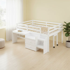 HomeRoots White Platform Loft Bed with Integrated Desk & Shelves - Space-Saving Double Bed for Study & Storage 590529