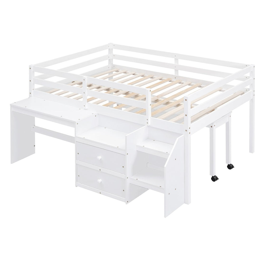 HomeRoots White Platform Loft Bed with Integrated Desk & Shelves - Space-Saving Double Bed for Study & Storage 590529