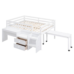 HomeRoots White Platform Loft Bed with Integrated Desk & Shelves - Space-Saving Double Bed for Study & Storage 590529