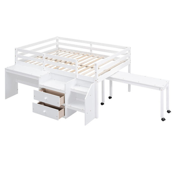 HomeRoots White Platform Loft Bed with Integrated Desk & Shelves - Space-Saving Double Bed for Study & Storage 590529