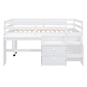 HomeRoots White Platform Loft Bed with Integrated Desk & Shelves - Space-Saving Double Bed for Study & Storage 590529