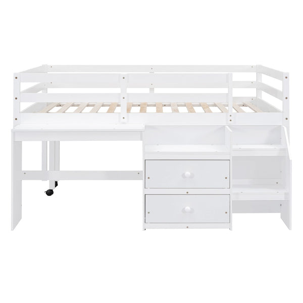 HomeRoots White Platform Loft Bed with Integrated Desk & Shelves - Space-Saving Double Bed for Study & Storage 590529