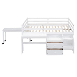 HomeRoots White Platform Loft Bed with Integrated Desk & Shelves - Space-Saving Double Bed for Study & Storage 590529