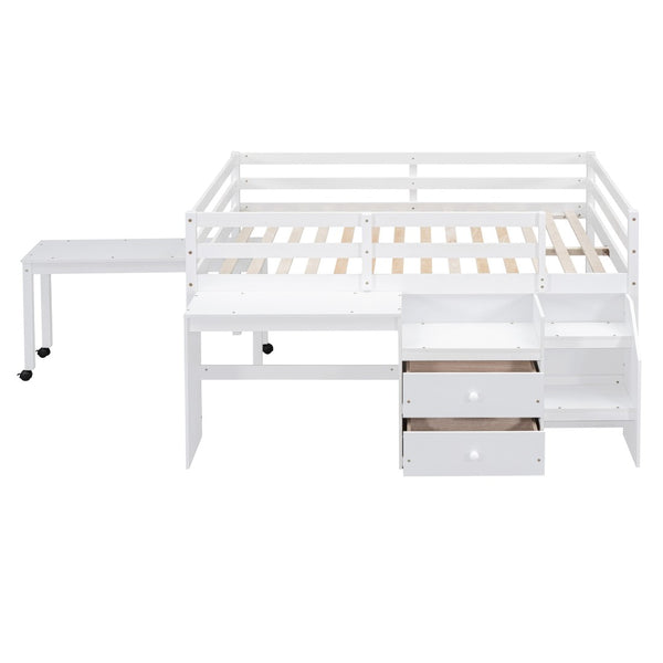 HomeRoots White Platform Loft Bed with Integrated Desk & Shelves - Space-Saving Double Bed for Study & Storage 590529