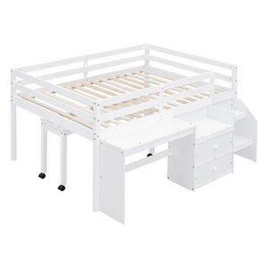 HomeRoots White Platform Loft Bed with Integrated Desk & Shelves - Space-Saving Double Bed for Study & Storage 590529