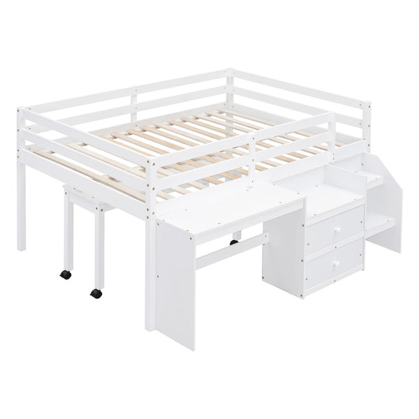 HomeRoots White Platform Loft Bed with Integrated Desk & Shelves - Space-Saving Double Bed for Study & Storage 590529