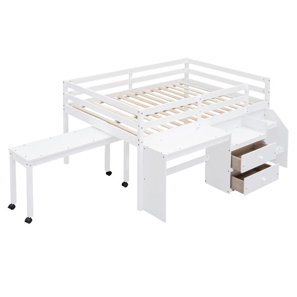 HomeRoots White Platform Loft Bed with Integrated Desk & Shelves - Space-Saving Double Bed for Study & Storage 590529