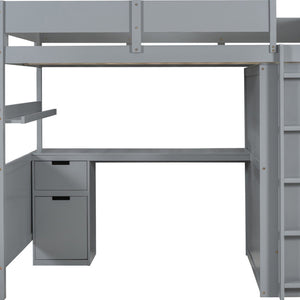 HomeRoots Gray Loft Bed with Integrated Desk, Shelves & Modern Design - Space-Saving Solution for Any Room 590530