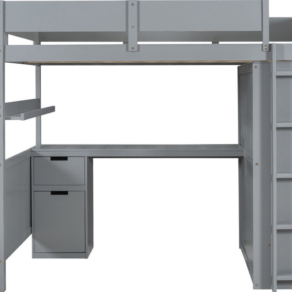 HomeRoots Gray Loft Bed with Integrated Desk, Shelves & Modern Design - Space-Saving Solution for Any Room 590530