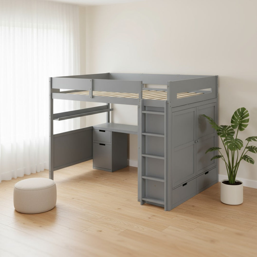 HomeRoots Gray Loft Bed with Integrated Desk, Shelves & Modern Design - Space-Saving Solution for Any Room 590530
