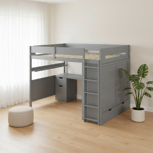 HomeRoots Gray Loft Bed with Integrated Desk, Shelves & Modern Design - Space-Saving Solution for Any Room 590530