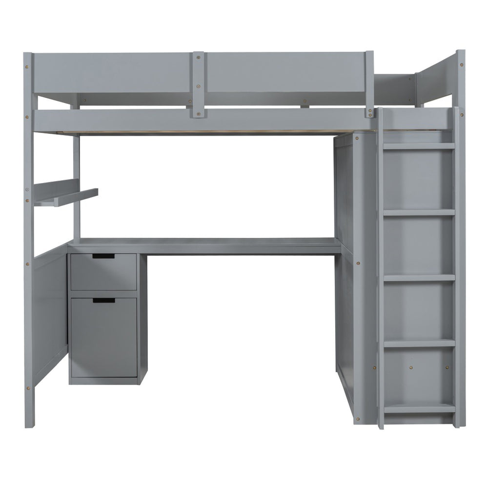 HomeRoots Gray Loft Bed with Integrated Desk, Shelves & Modern Design - Space-Saving Solution for Any Room 590530