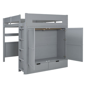 HomeRoots Gray Loft Bed with Integrated Desk, Shelves & Modern Design - Space-Saving Solution for Any Room 590530