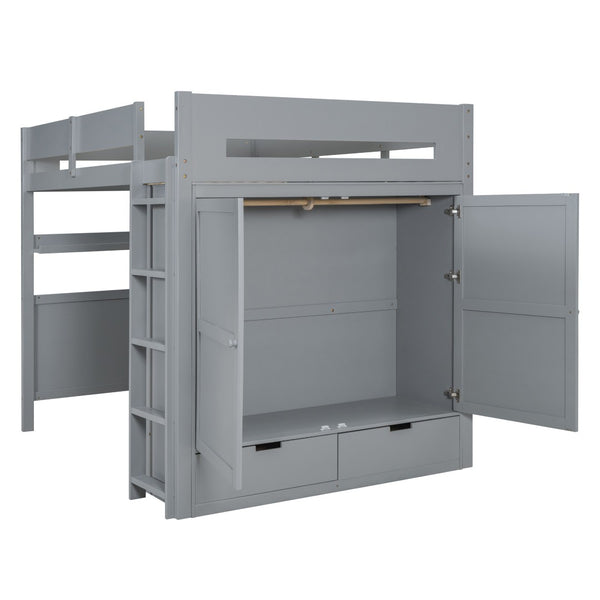 HomeRoots Gray Loft Bed with Integrated Desk, Shelves & Modern Design - Space-Saving Solution for Any Room 590530