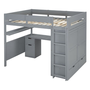 HomeRoots Gray Loft Bed with Integrated Desk, Shelves & Modern Design - Space-Saving Solution for Any Room 590530