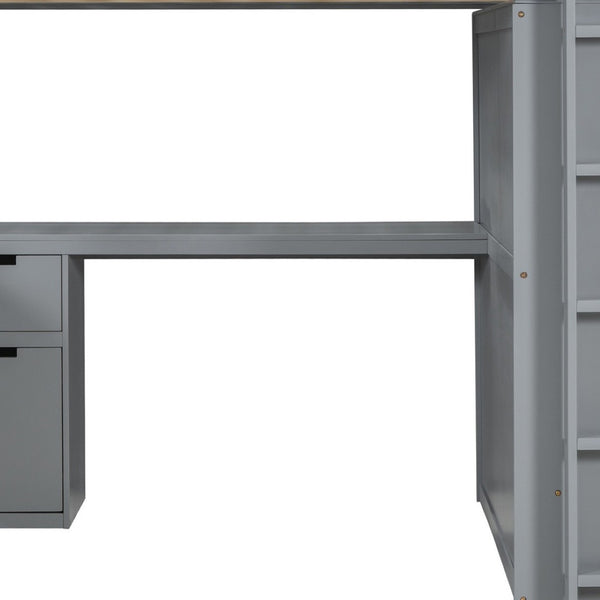 HomeRoots Gray Loft Bed with Integrated Desk, Shelves & Modern Design - Space-Saving Solution for Any Room 590530